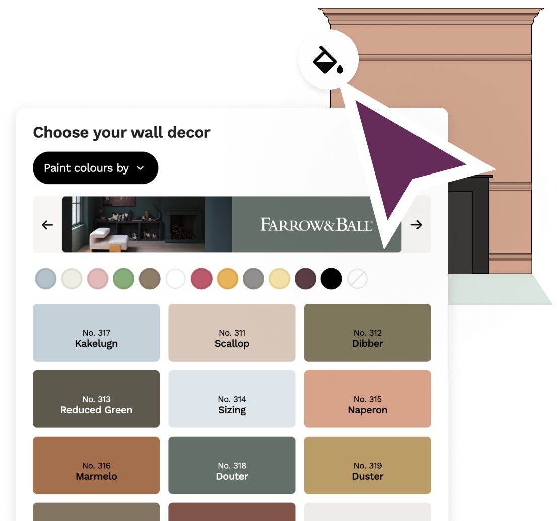 Show which walls are painted in what colour, where the tiling runs up to or splashbacks.