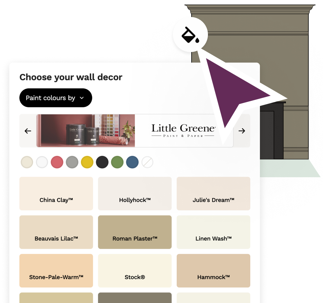 Show which walls are painted in what colour, where the tiling runs up to or splashbacks.