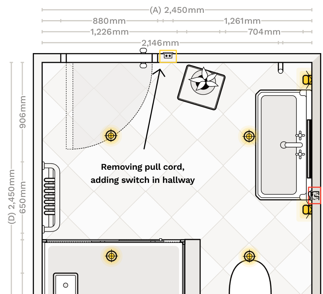 Add electrical plans for your bathroom renovation. Symbols for lights, switches, sockets and extractor fans.