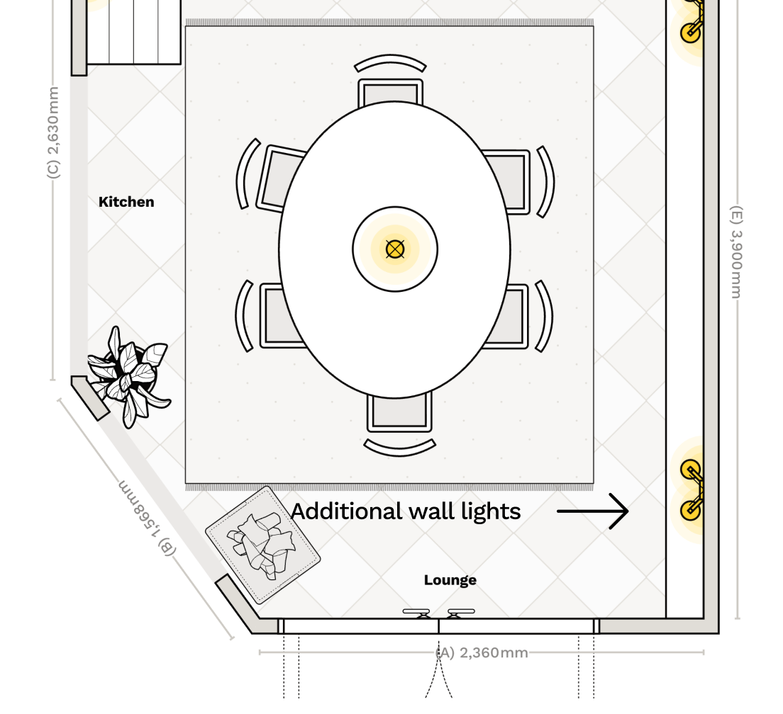 Add electrical plans for your dining room renovation. Symbols for lights, switches, sockets and extractor fans.