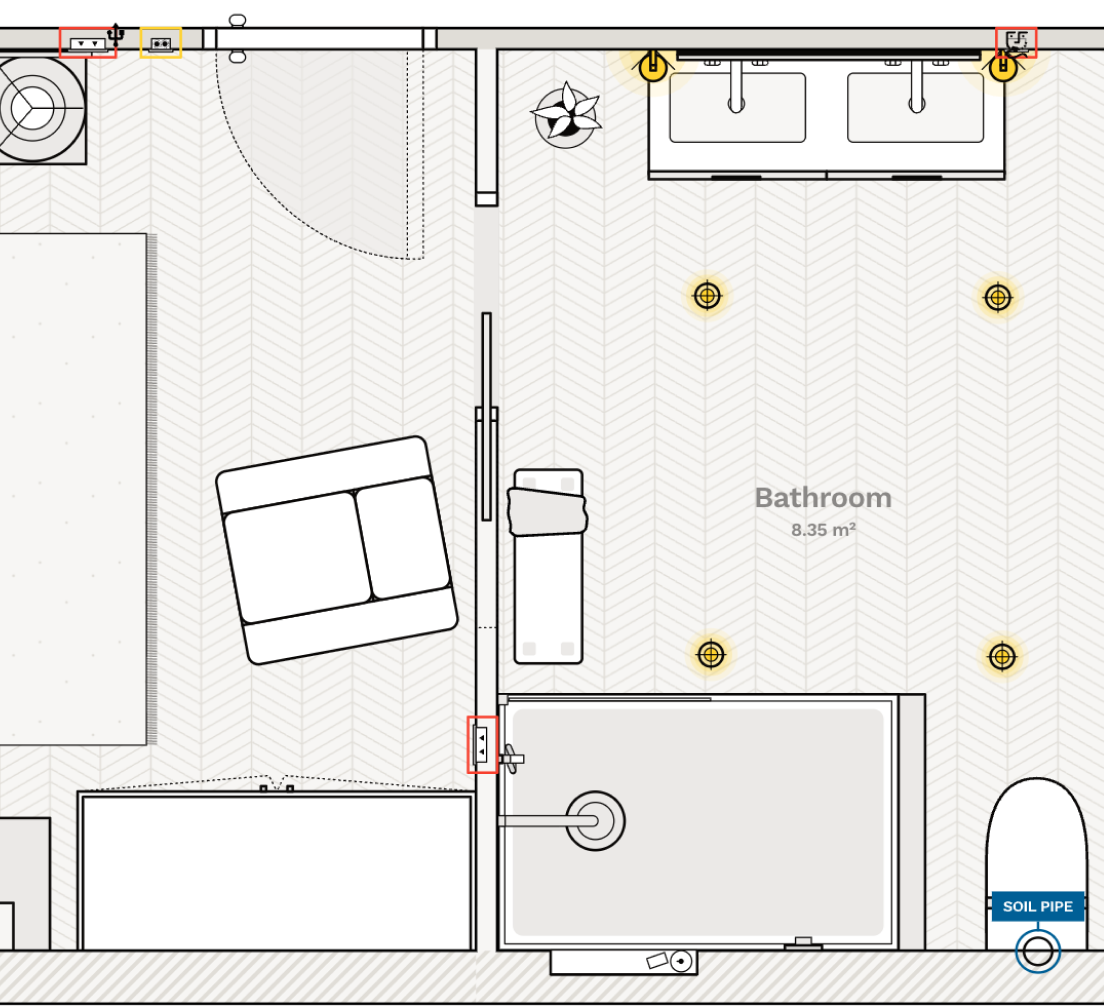 Add electrical plans for your new ensuite bathroom renovation. Symbols for lights, switches, sockets and extractor fans.