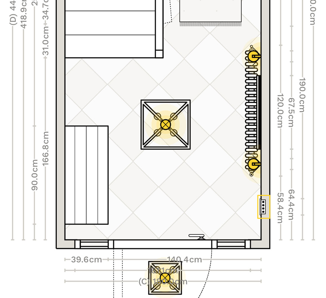 Add electrical plans for your hallway renovation. Symbols for lights, switches, sockets and extractor fans.