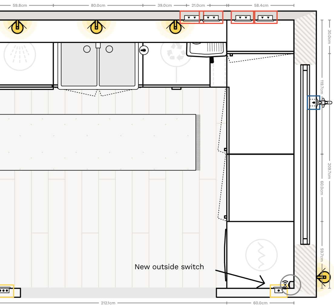Add electrical plans for your kitchen renovation. Symbols for lights, switches, sockets and extractor fans.