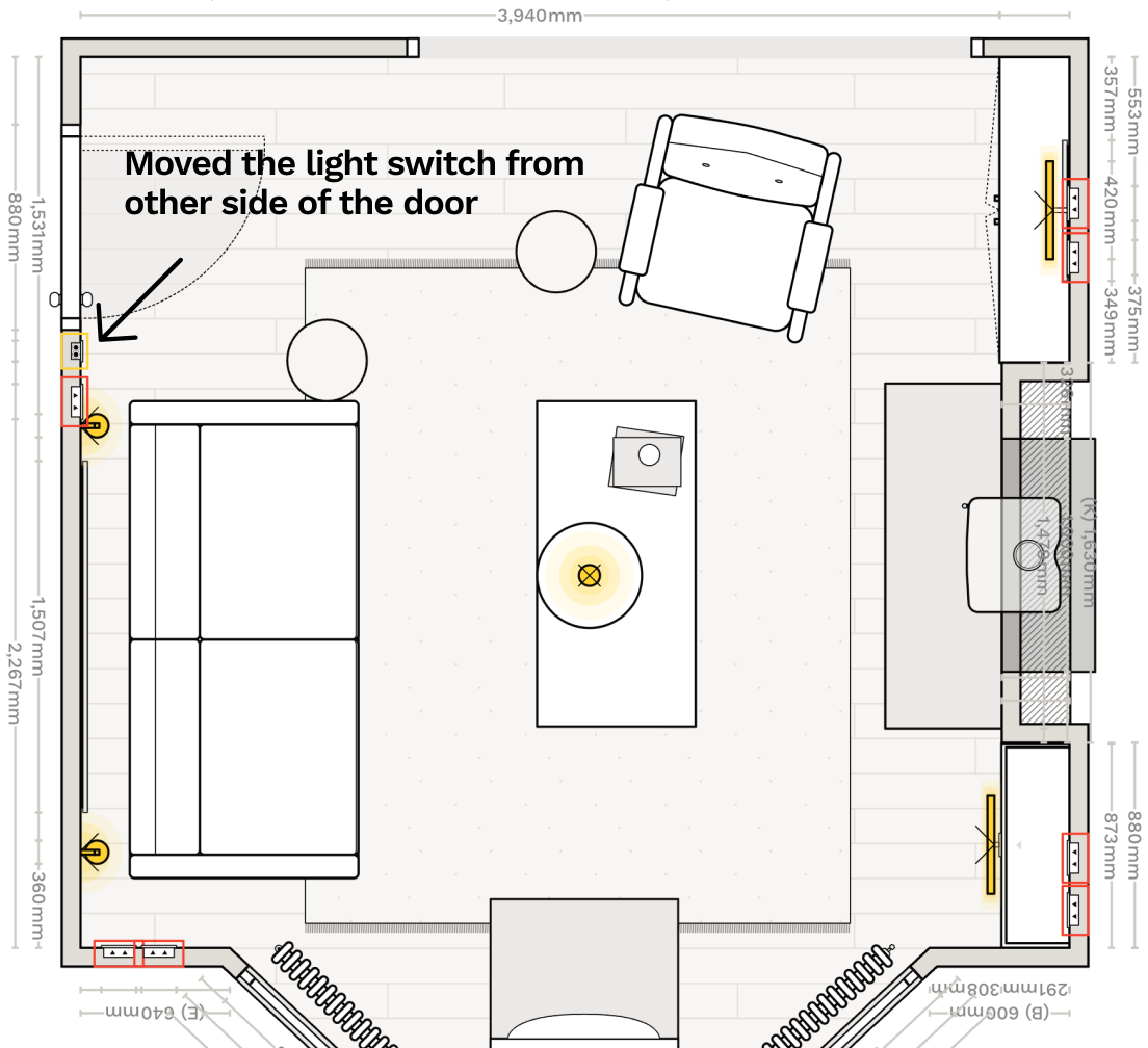 Add electrical plans for your lounge renovation. Symbols for lights, switches, sockets, and more.