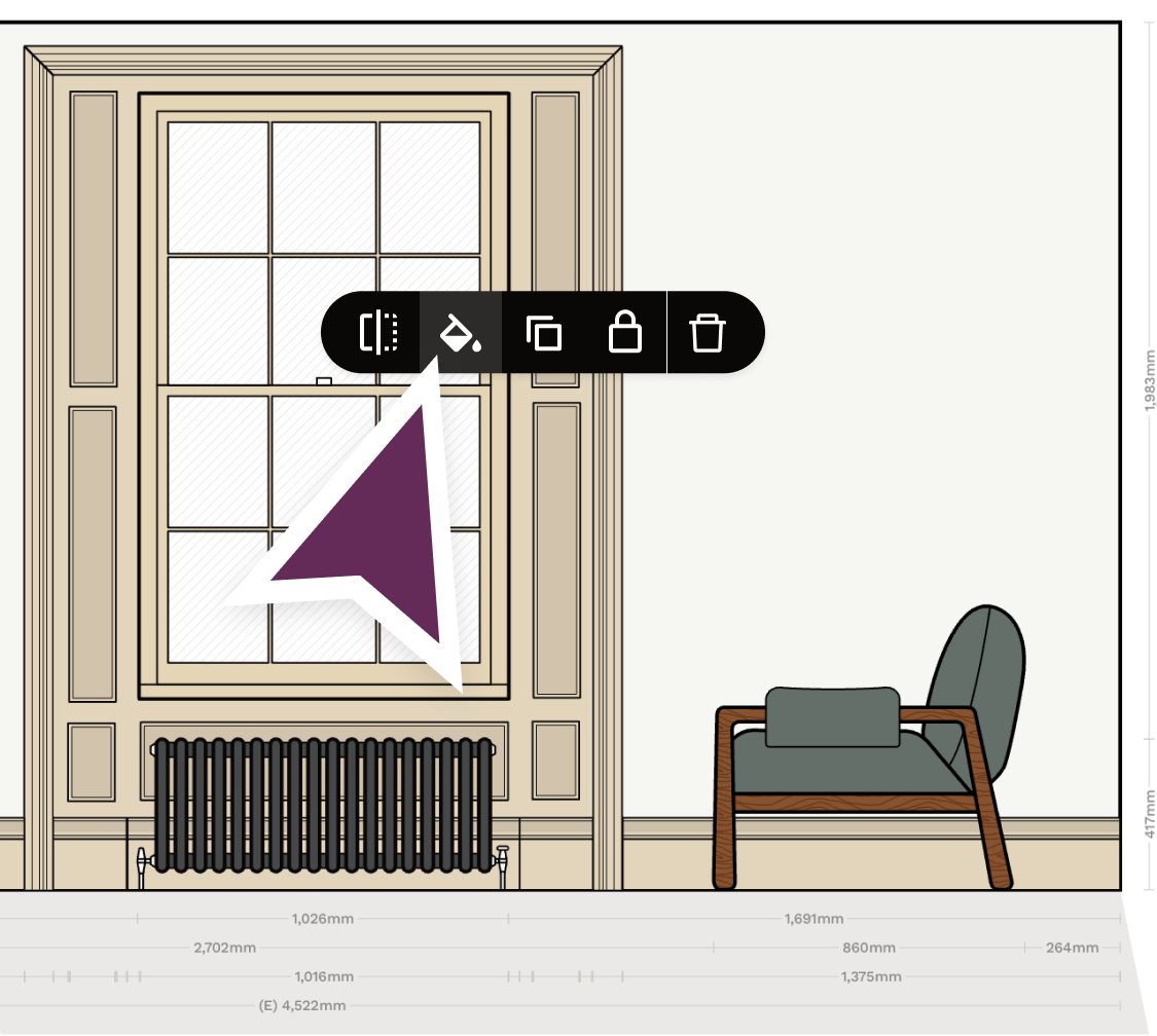 Wall elevation showing detailed panelling and moulding design around large sash window