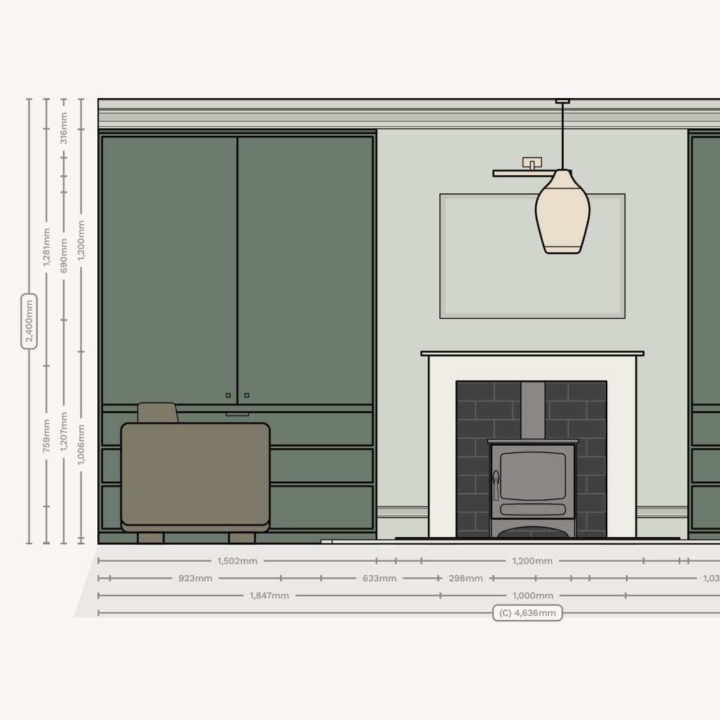 Floor plan / layout of a rectangular bedroom with ensuite