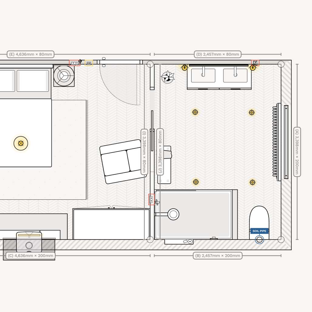 Wall elevation of a rectangular bedroom with ensuite