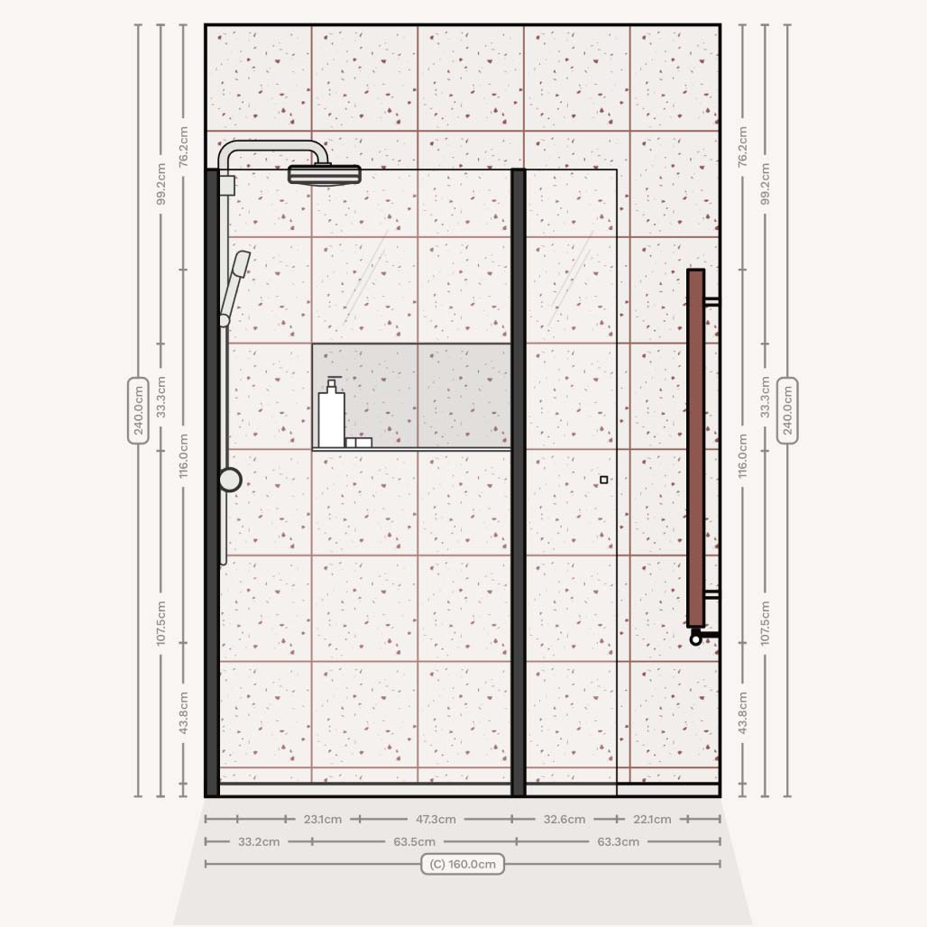 Very small ensuite with walk-in shower wall elevation
