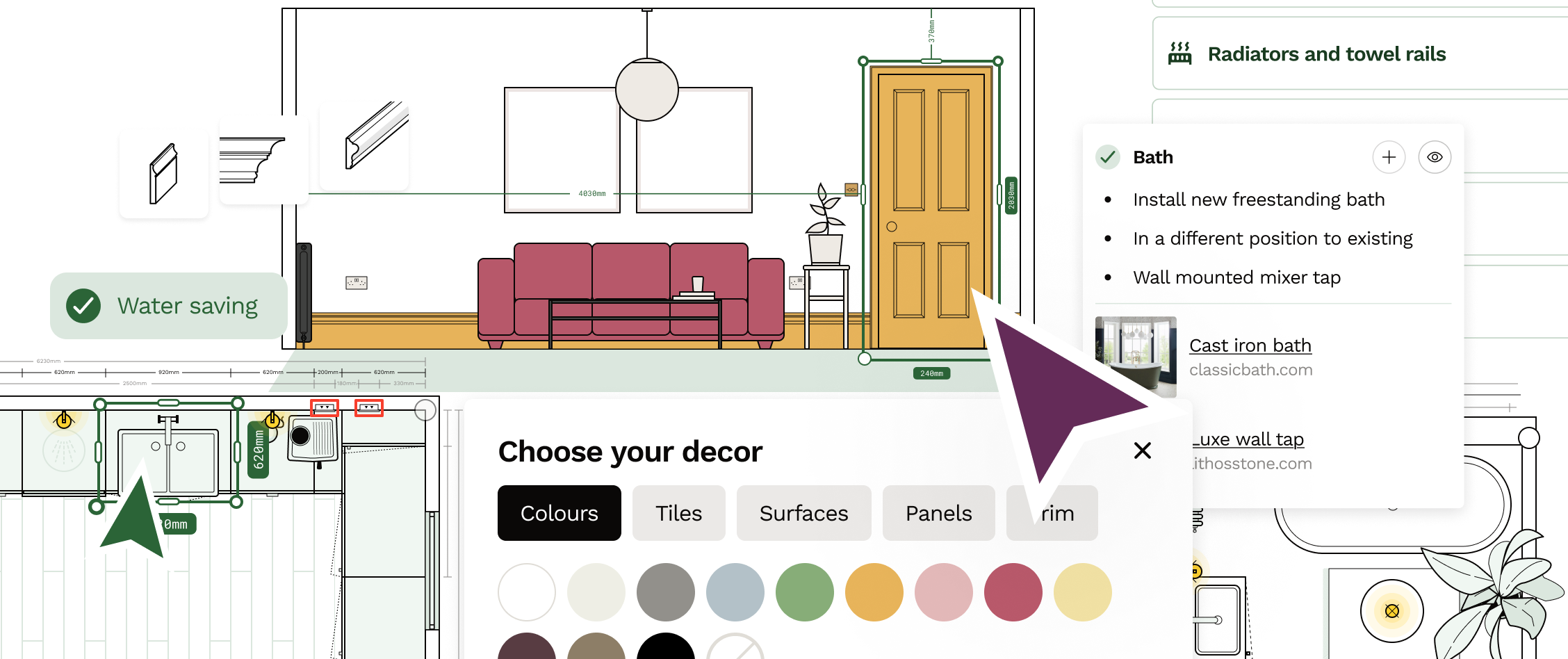 Snippets of interior space planning with elevations and floor plans on Reno