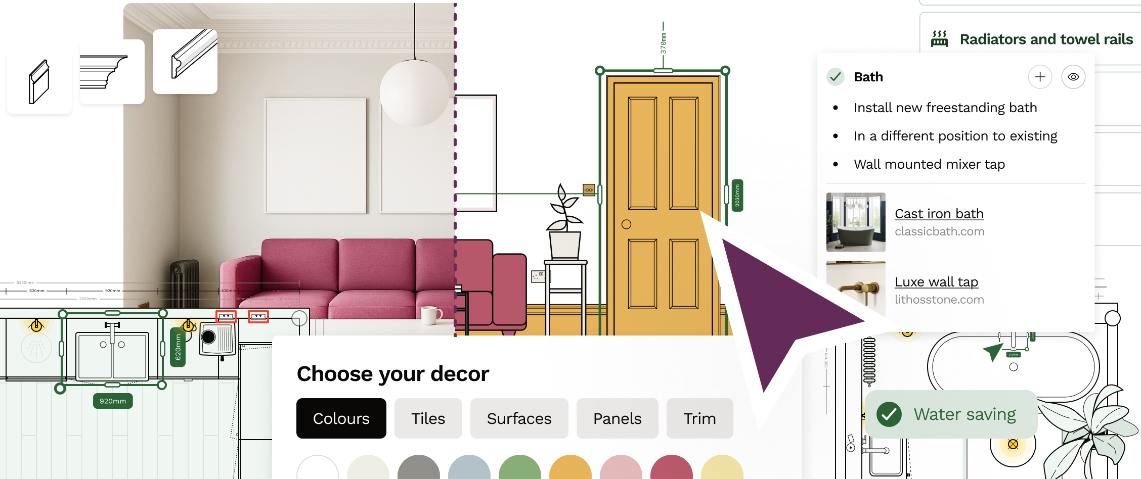 Snippets of interior space planning with elevations and floor plans on Reno