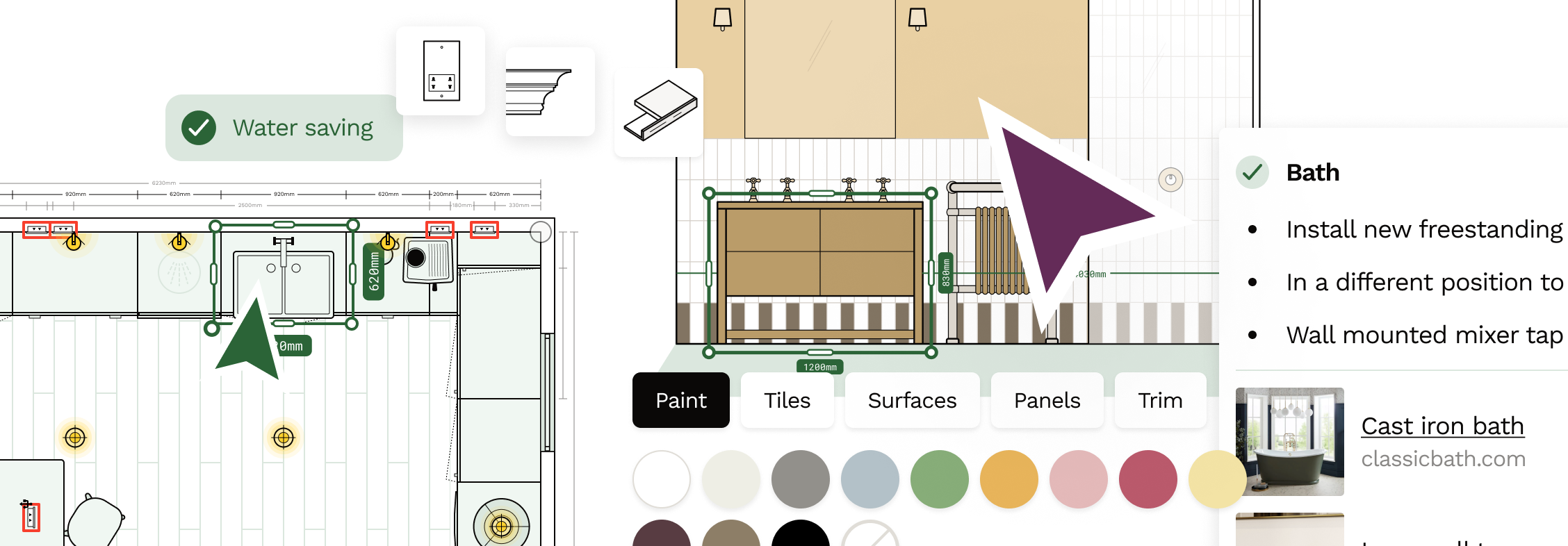 Snippets of interior space planning with elevations and floor plans on Reno