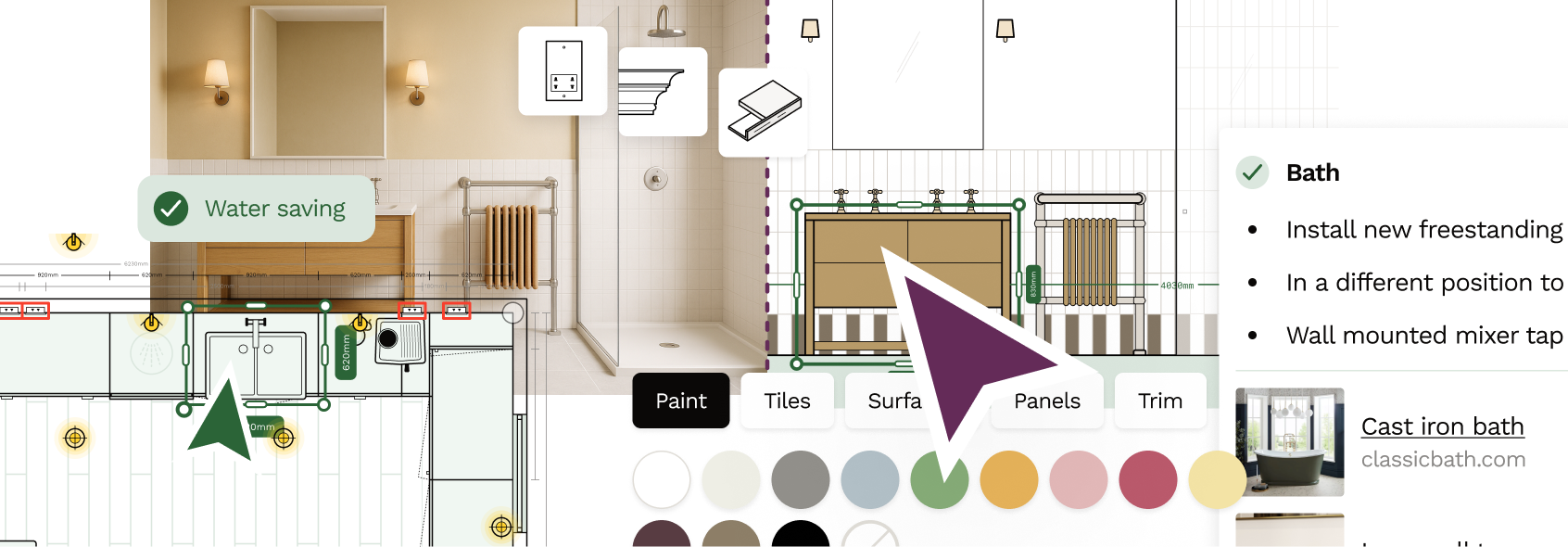 Snippets of interior space planning with elevations and floor plans on Reno
