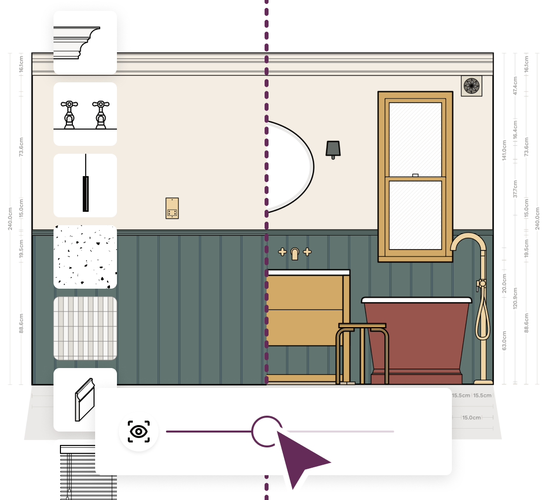 Wall elevation plan drawn in Reno, with a visibility slider and example items showing the breadth of planning available.