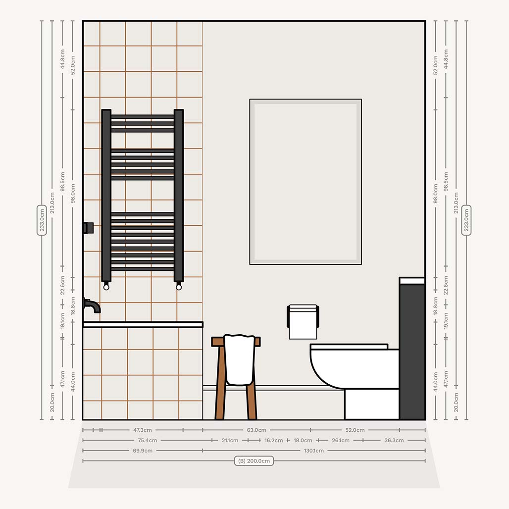 Very small hotel layout with bath wall elevation