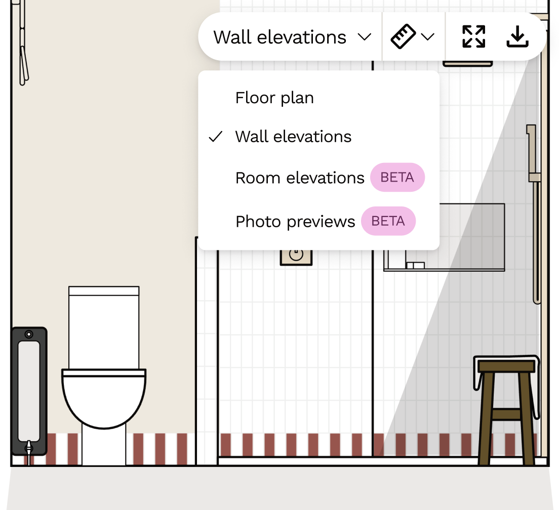 Bedroom with ensuite bathroom wall elevation views to visualise your new room design and layout