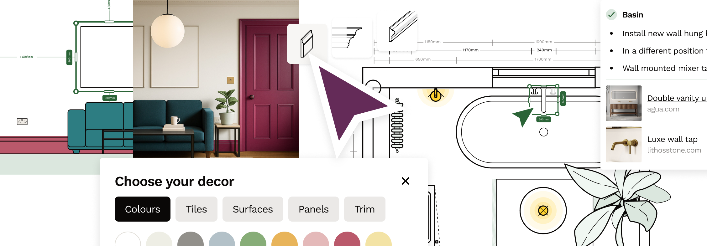 Snippets of interior space planning with elevations and floor plans on Reno