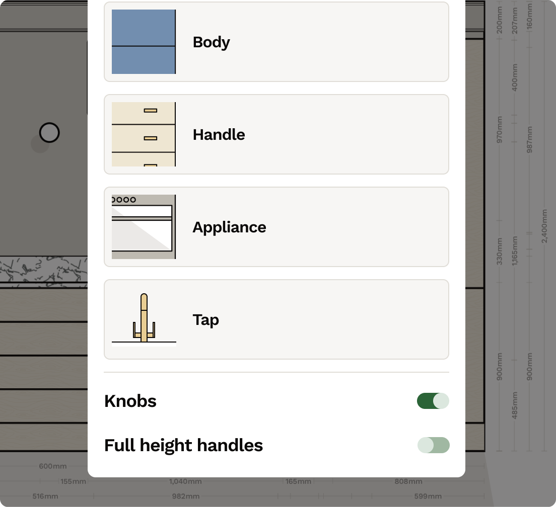 Easily configure furniture, fixtures and fittings in the elevation view of your renovation floor plan