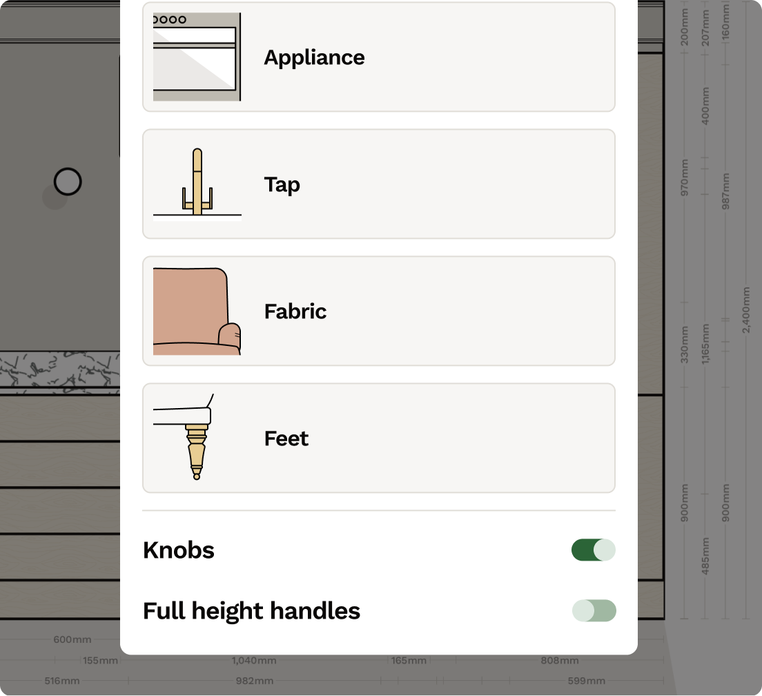 Configure each item of furniture to adjust colour, style and finish