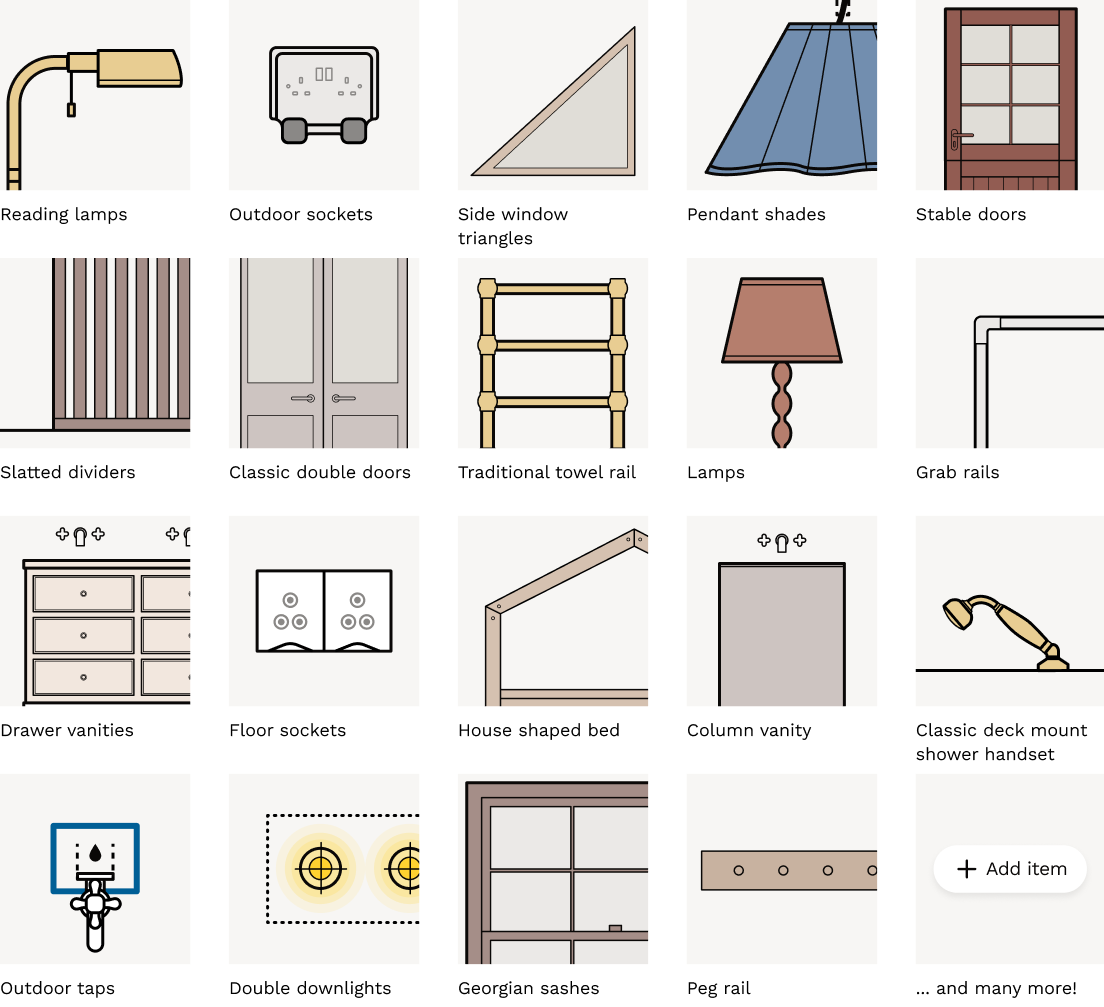 All the items you'd want for your home renovation floor plan covering the needs of every room you can think of