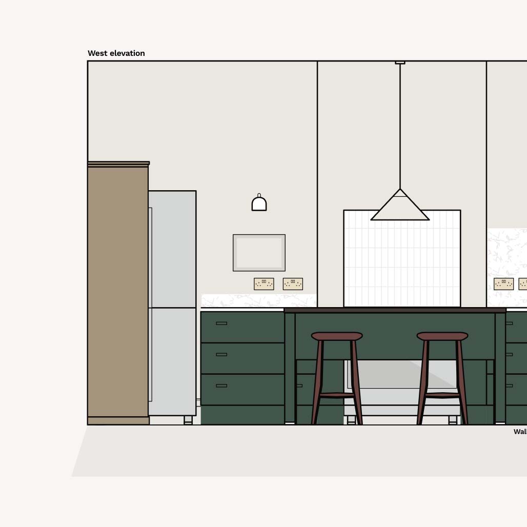 Wall elevation of an l-shaped kitchen with chef's table