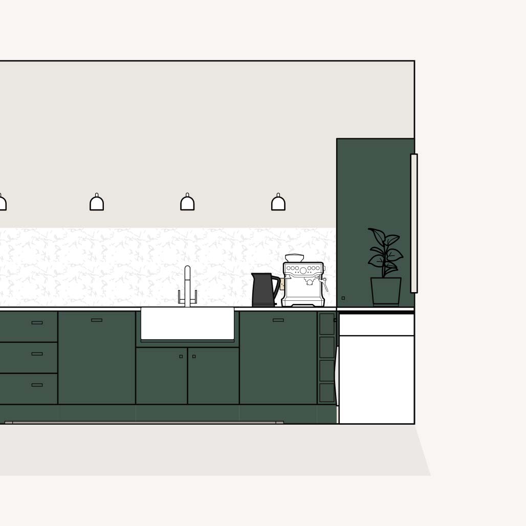 Wall elevation of an l-shaped kitchen with chef's table