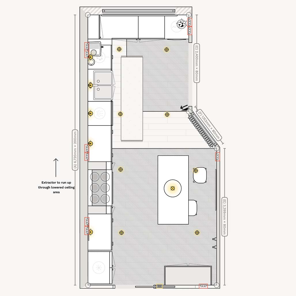 Floor plan / layout of a larg l-shaped kitchen with chef's table