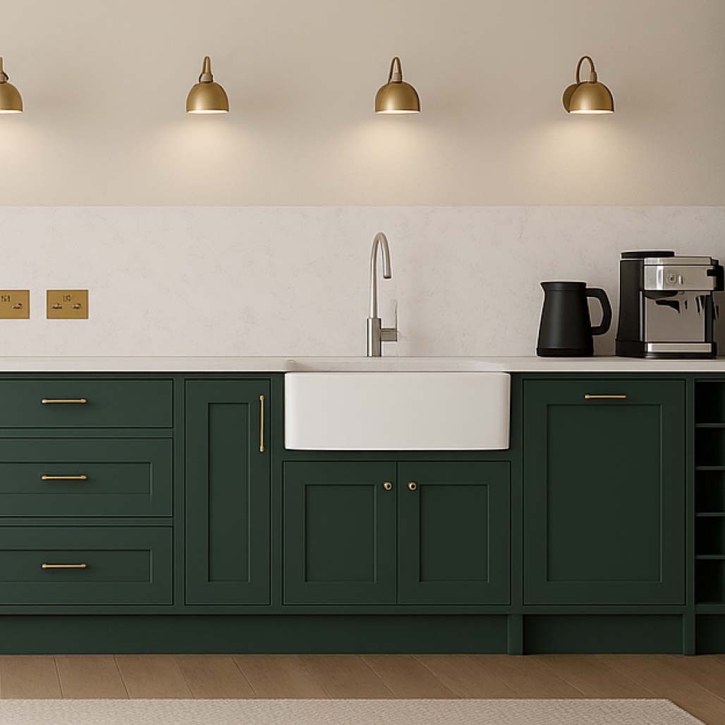 AI generated preview of an elevation of a large l-shaped kitchen with chef's table