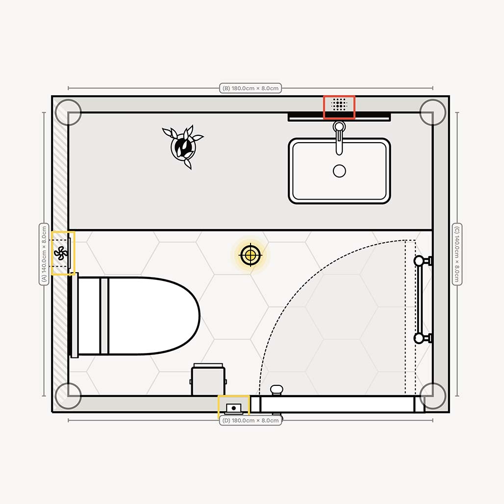 Layout / floor plan of a very small bathroom with long counter and sloped ceiling