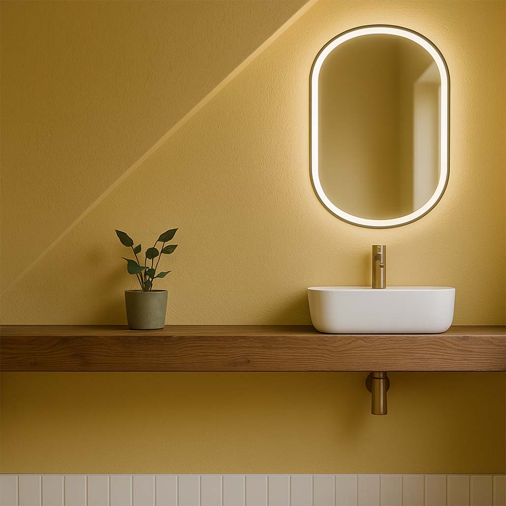 Photo preview of a very small bathroom with long counter and sloped ceiling