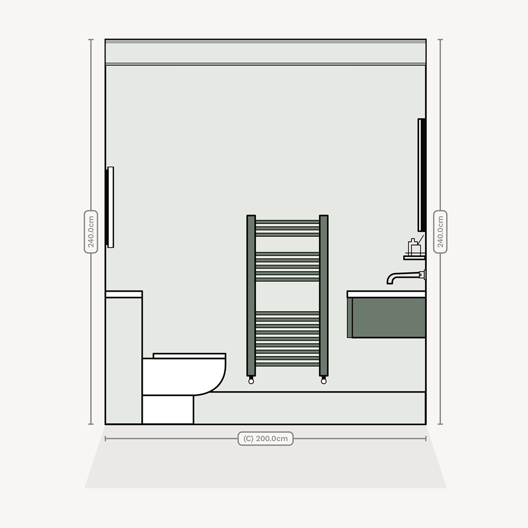 Wall elevation of a very small narrow w/c with sliding door
