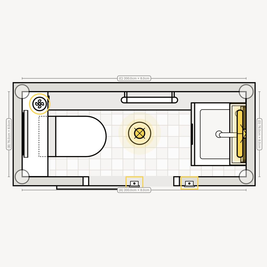 Floor plan / layout of a very small narrow w/c with sliding door