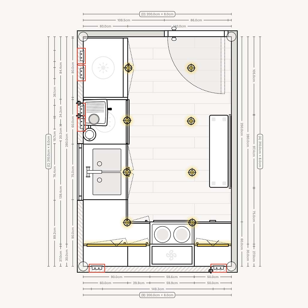 Wall elevation of a small L-shaped kitchen