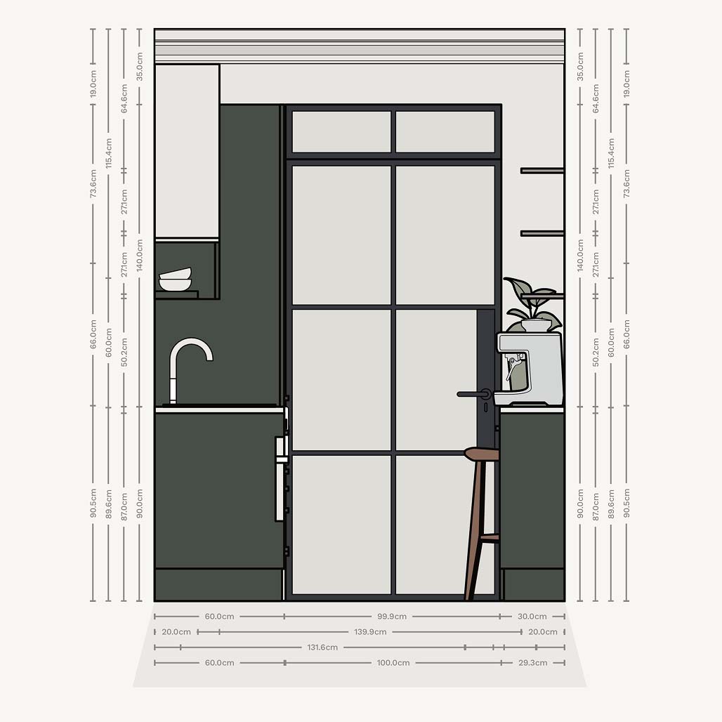 Wall elevation of a single row galley micro kitchen