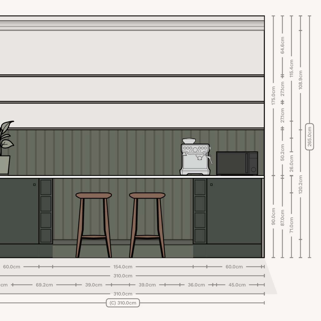 Wall elevation of a single row galley micro kitchen