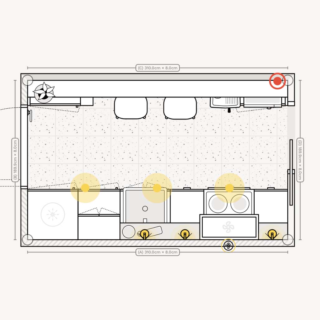 Floor plan / layout of a single row galley micro kitchen