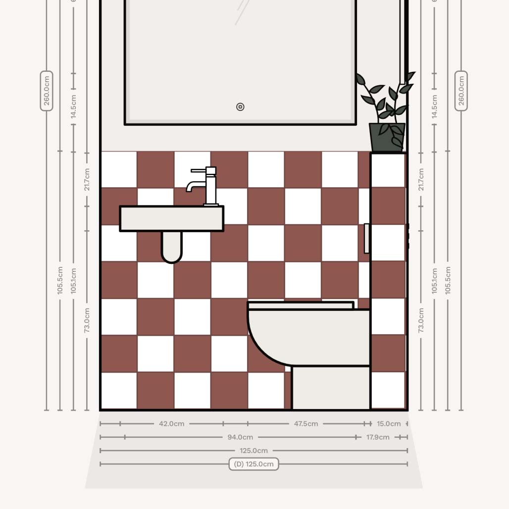 Wall elevation for a very small WC / toilet
