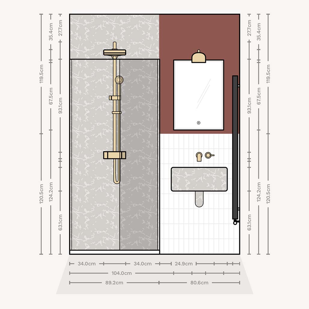 Very small square bathroom with corner shower wall elevation