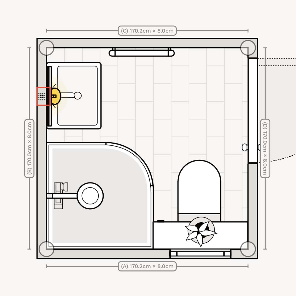 Very small square bathroom with corner shower layout / floor plan