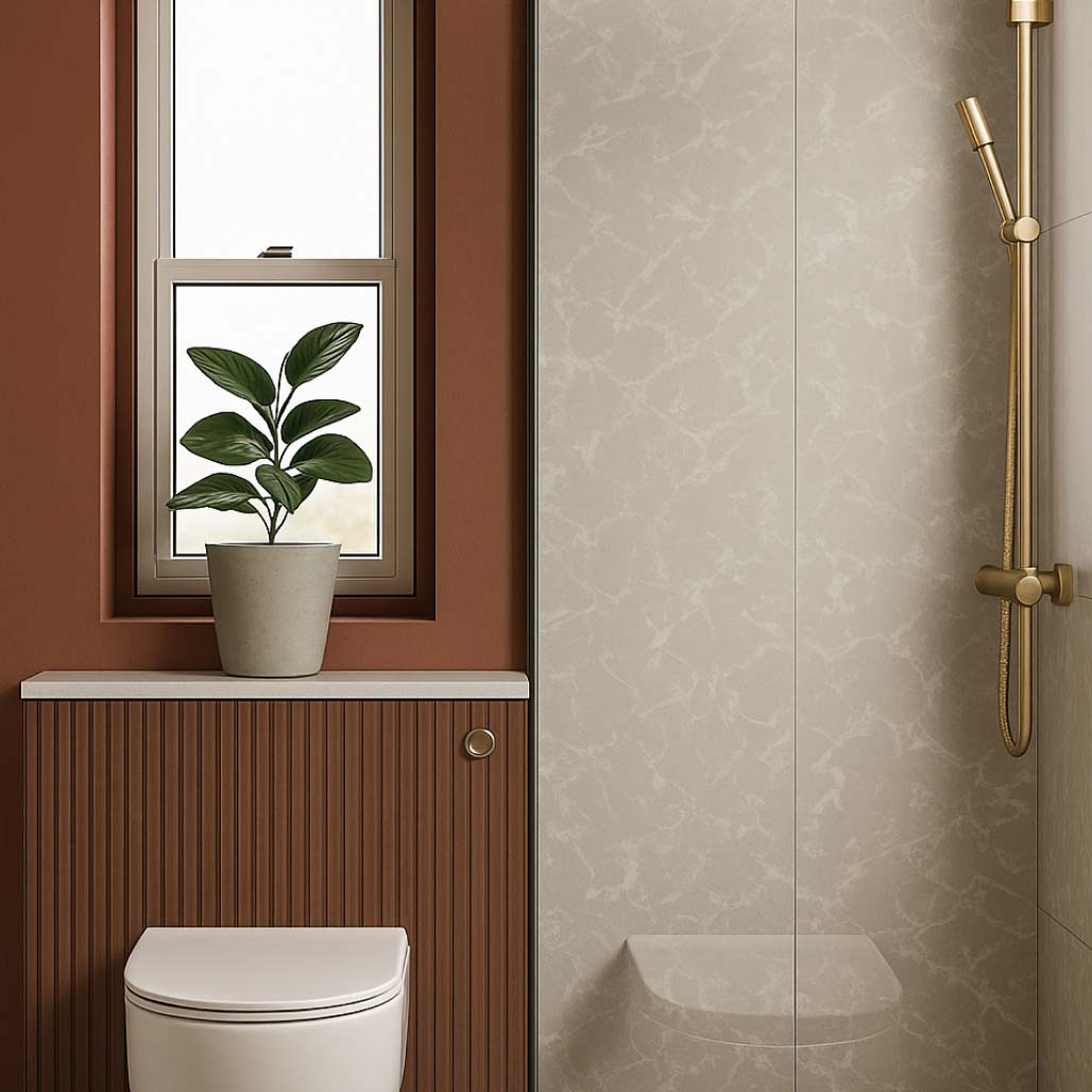 Photo preview of a very small square bathroom with corner shower