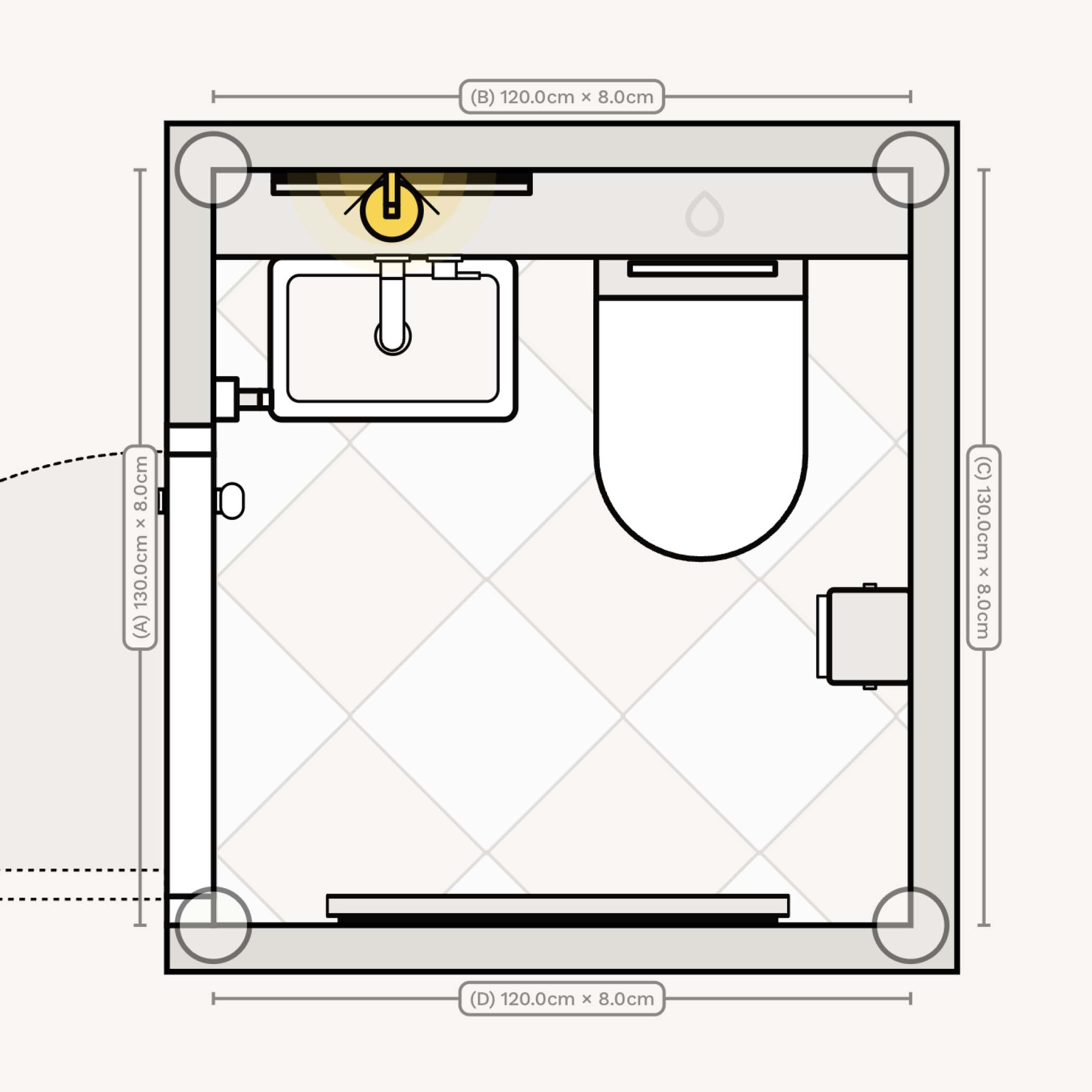 Floor plan / layout of a very small square two in a row w/c