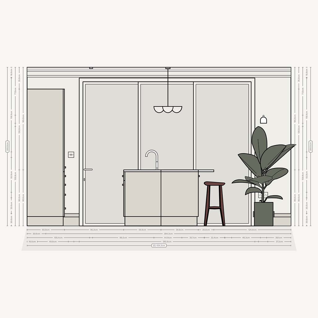 Wall elevation of a super galley kitchen with island