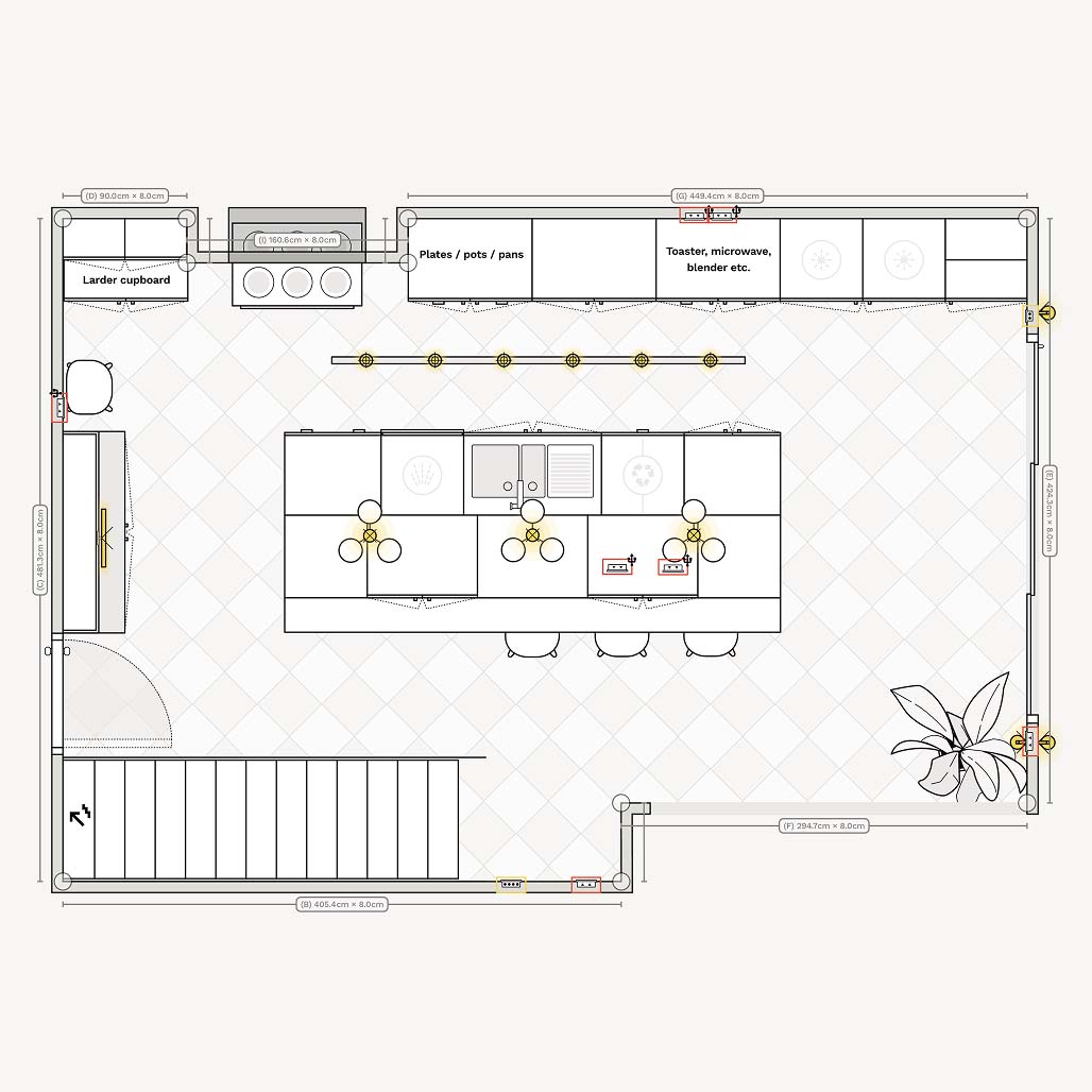 Floor plan / layout of a super galley kitchen with island