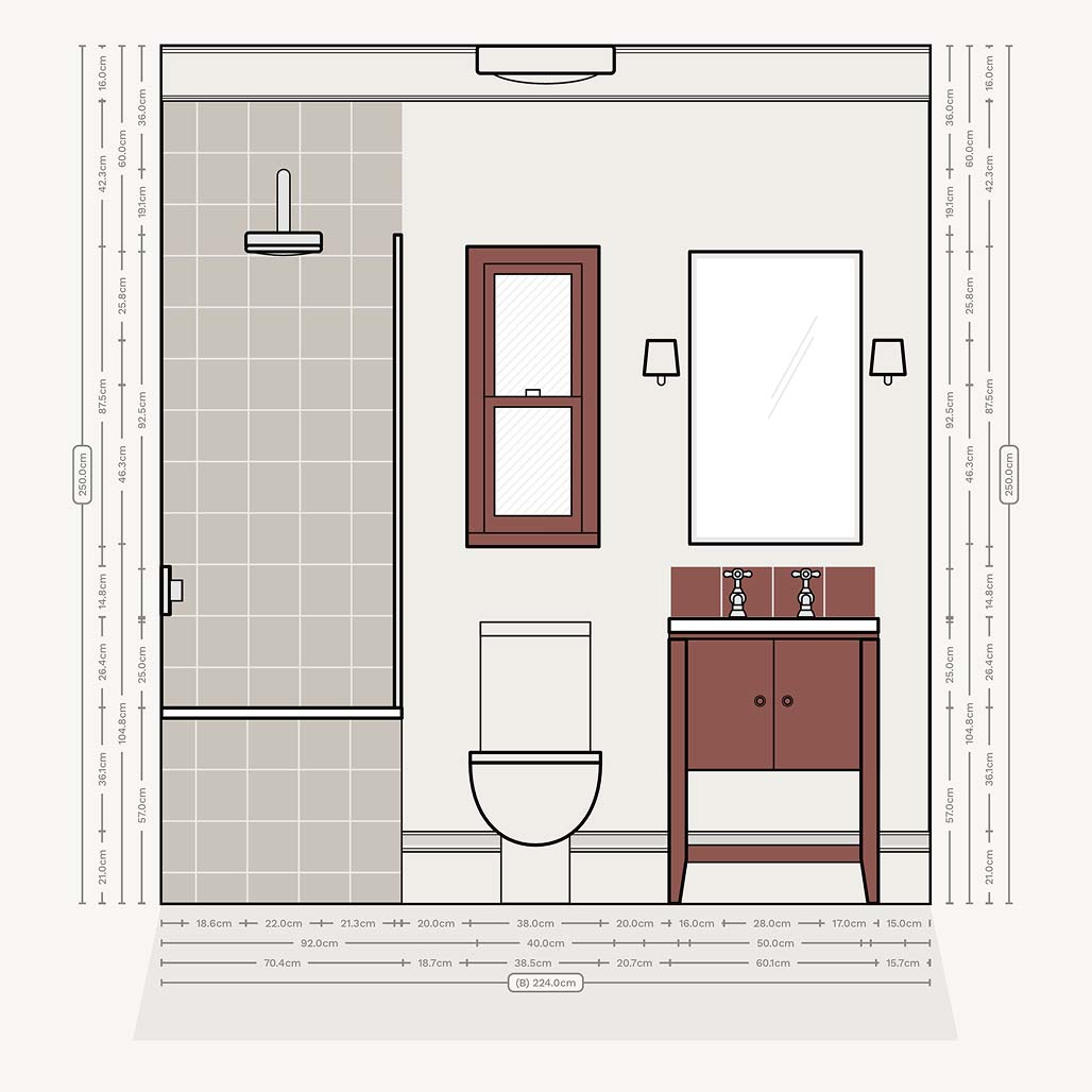 Wall elevaiton of a three in a row small bathroom layout