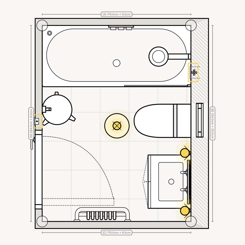 Floor plan of a three in a row small bathroom layout
