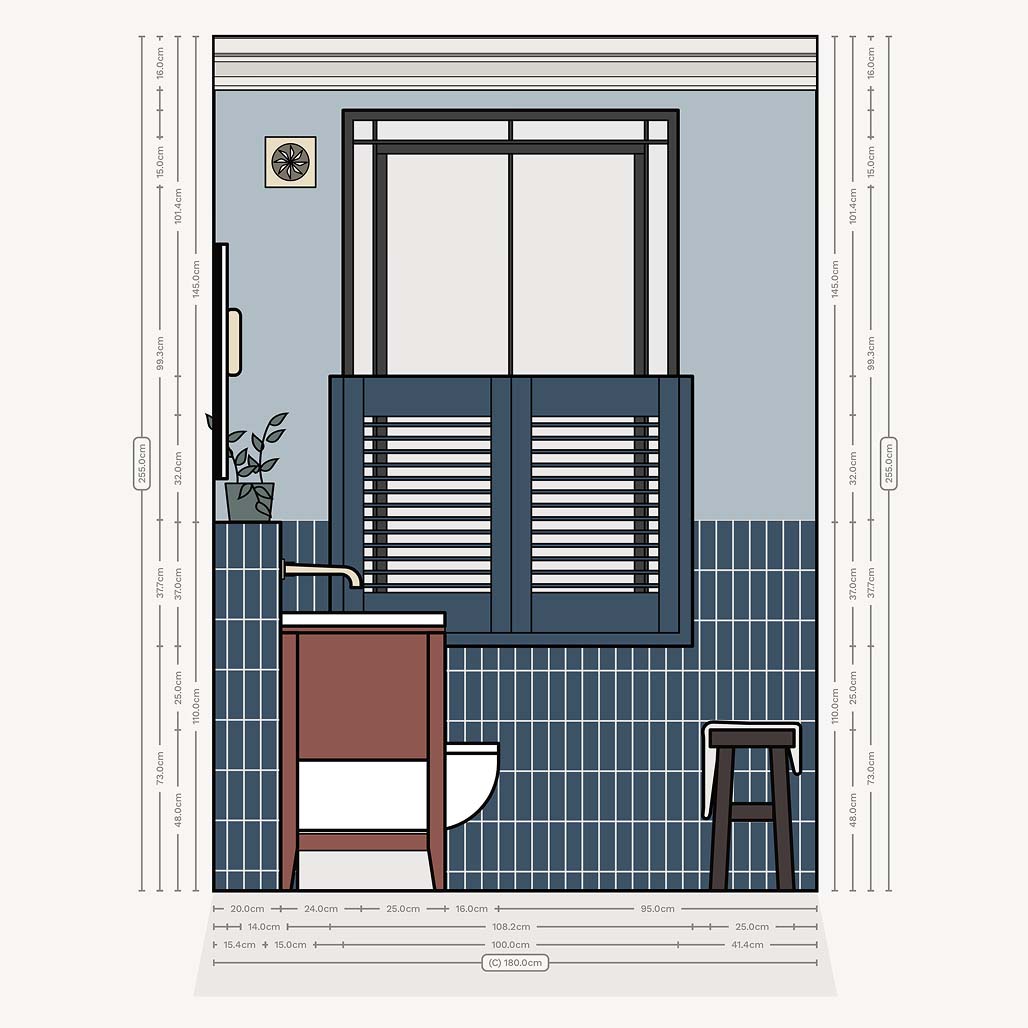 Wall elevation plan of a bathroom with window at one end and blue tiles