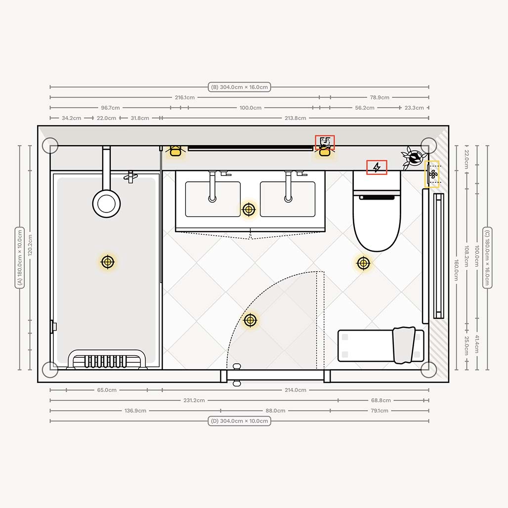 Floor plan / layout of a medium size bathroom with shower, double basin and toilet