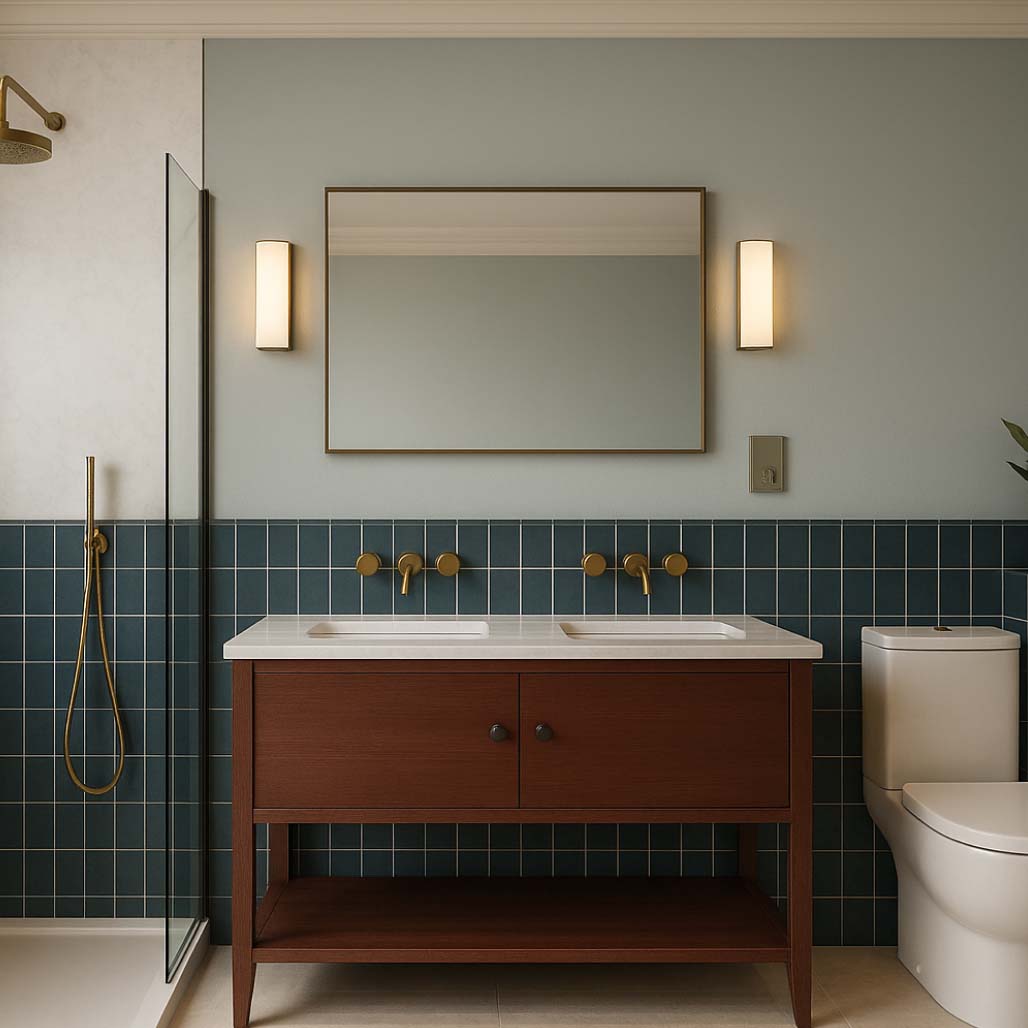 Photo preview of a bathroom plan with a double basin, shower and toilet on the same wall