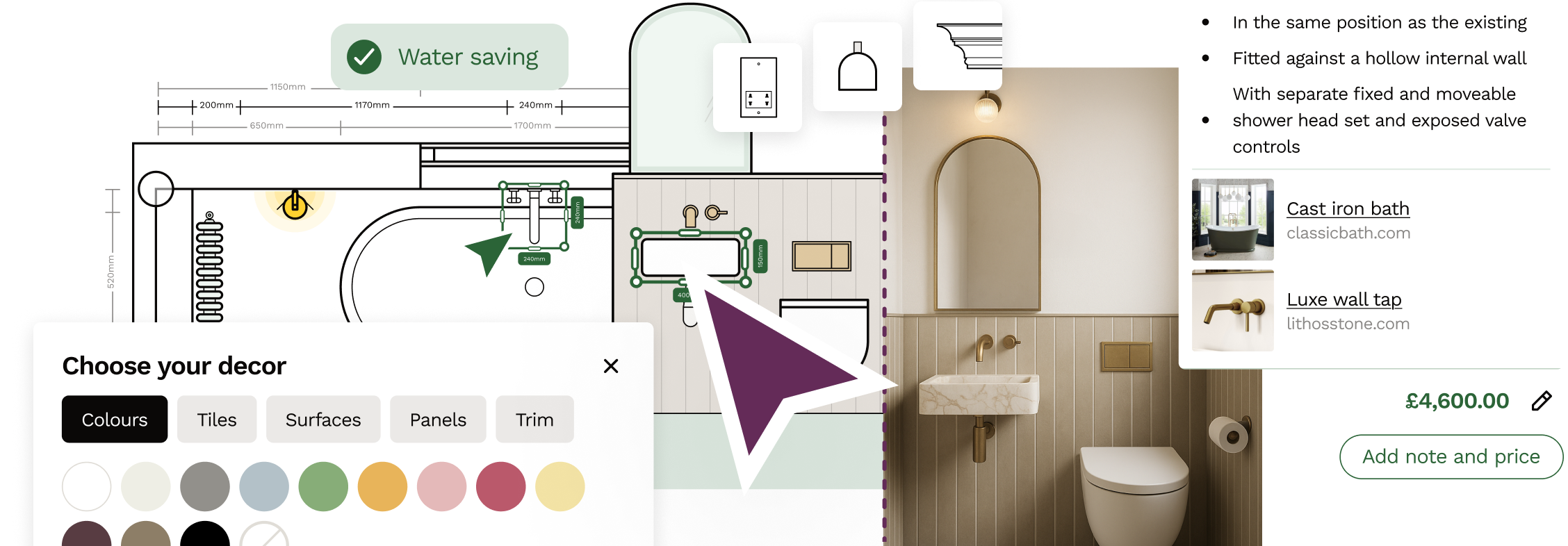 Snippets of space planning with elevations and floor plans on Reno
