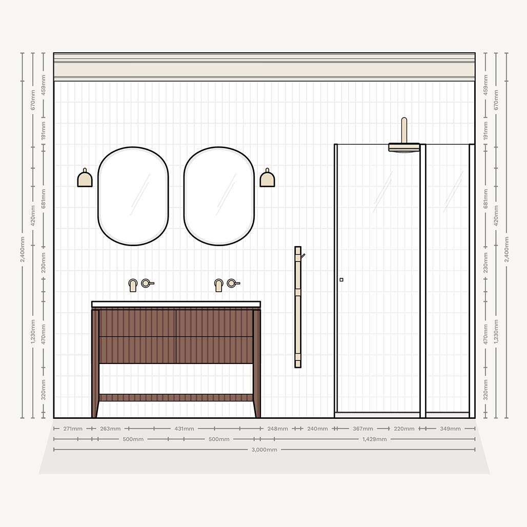 Wall elevation of a spacious bathroom with separate shower and bath