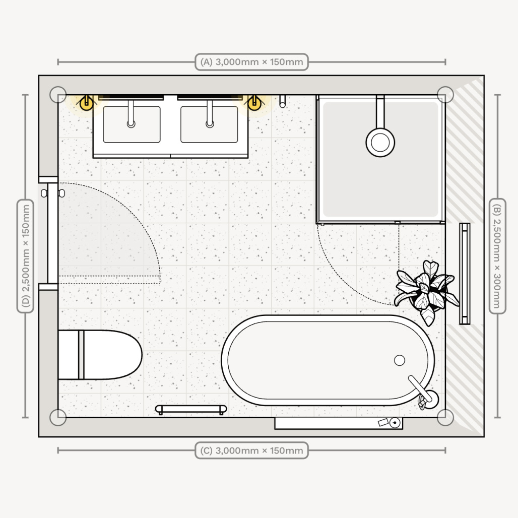 Floor plan / layout of a spacious bathroom with separate shower and bath